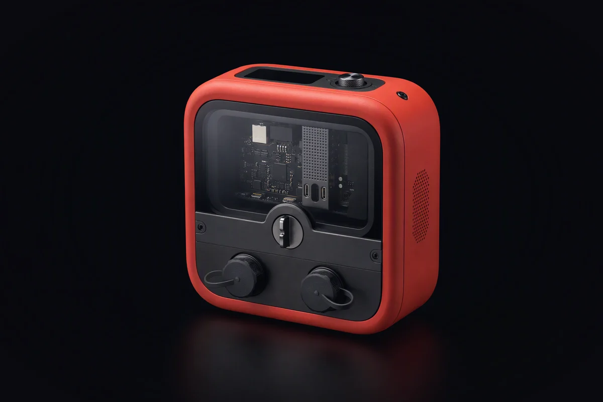 A single sealed red compute cell with a smoked-glass window showing a circuit board inside, a recessed lock plate and two capped ports