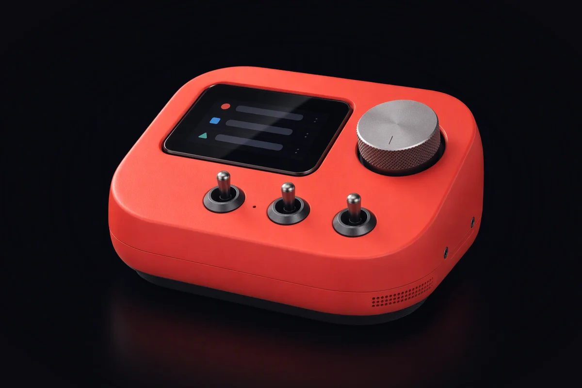 A red rounded desktop control unit with a small screen listing task bars, a large knurled aluminium dial and three toggle switches in a row
