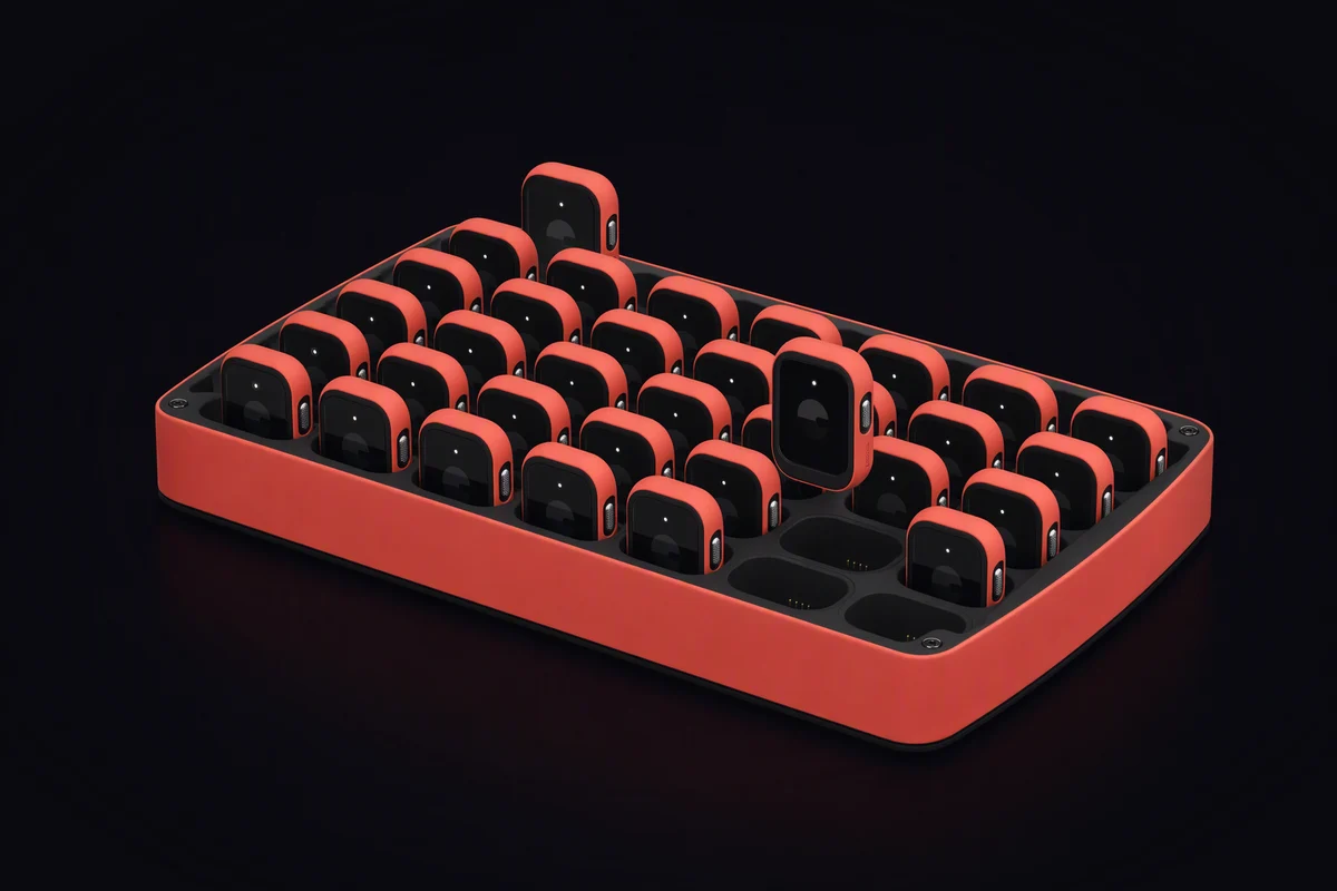 A tray of identical rounded red compute cells standing upright in a grid, each with a small status light, a few lifted slightly out of the tray
