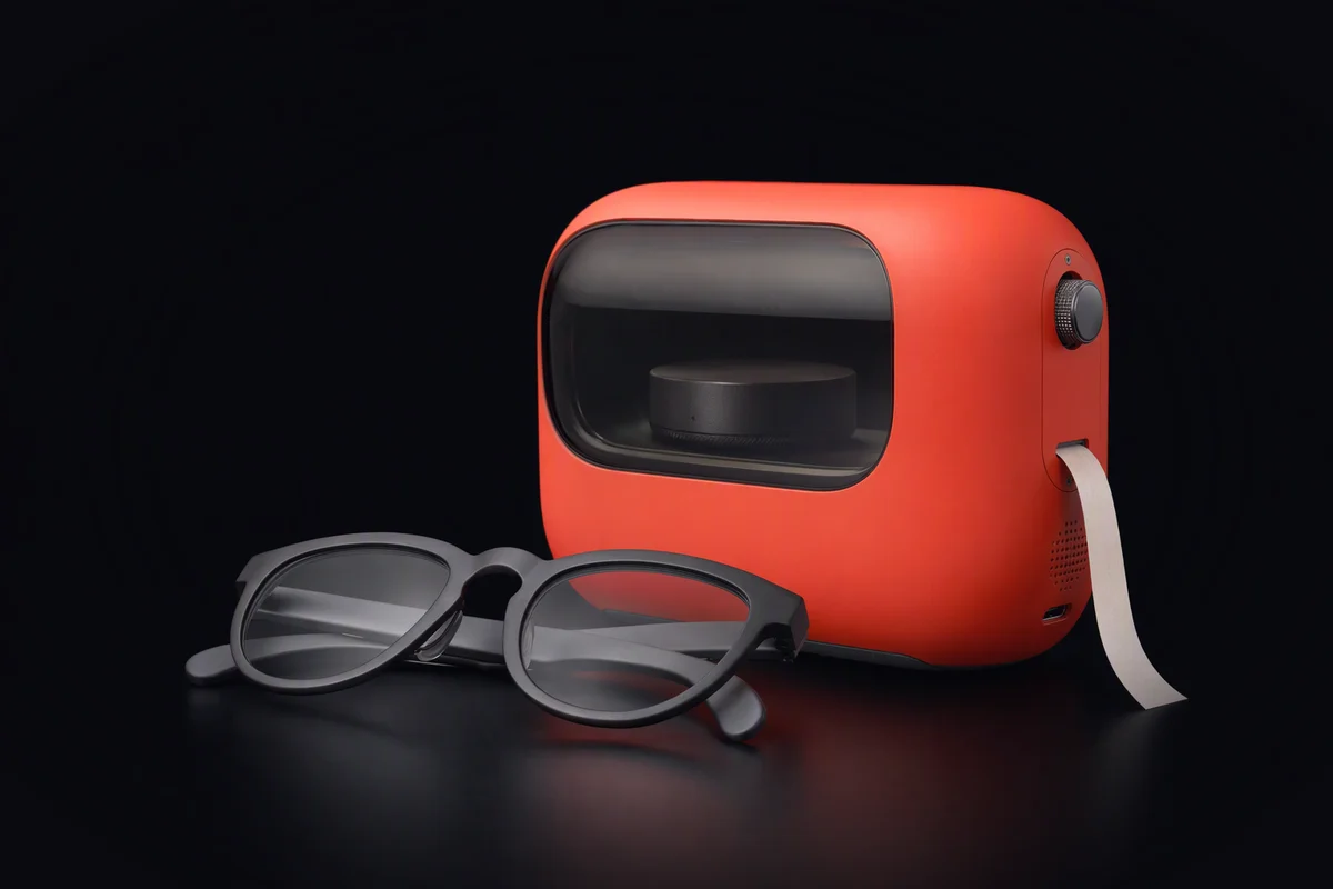Plain display glasses folded in front of a sealed red compute cell with a smoked-glass window showing a small puck inside, a strip of paper tape feeding out of its side