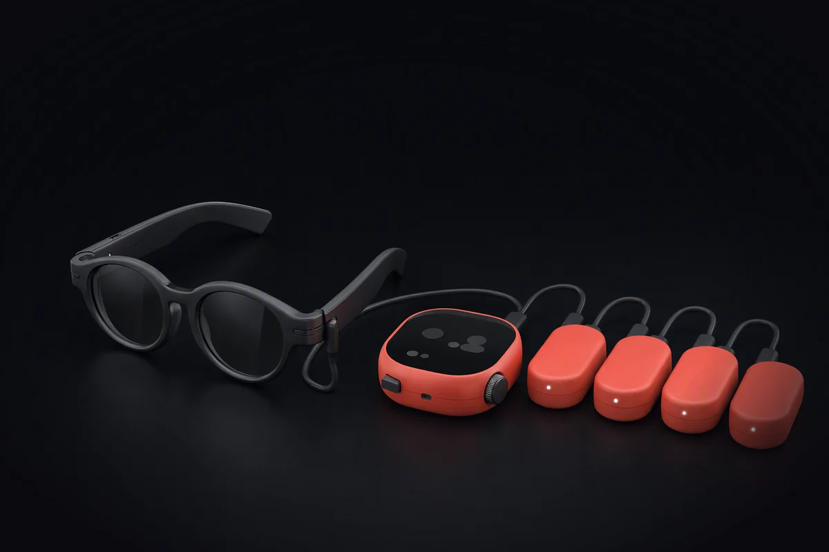 Plain display glasses folded on a dark surface, cabled to a red compute puck that is cabled in turn to a row of four small red compute cells