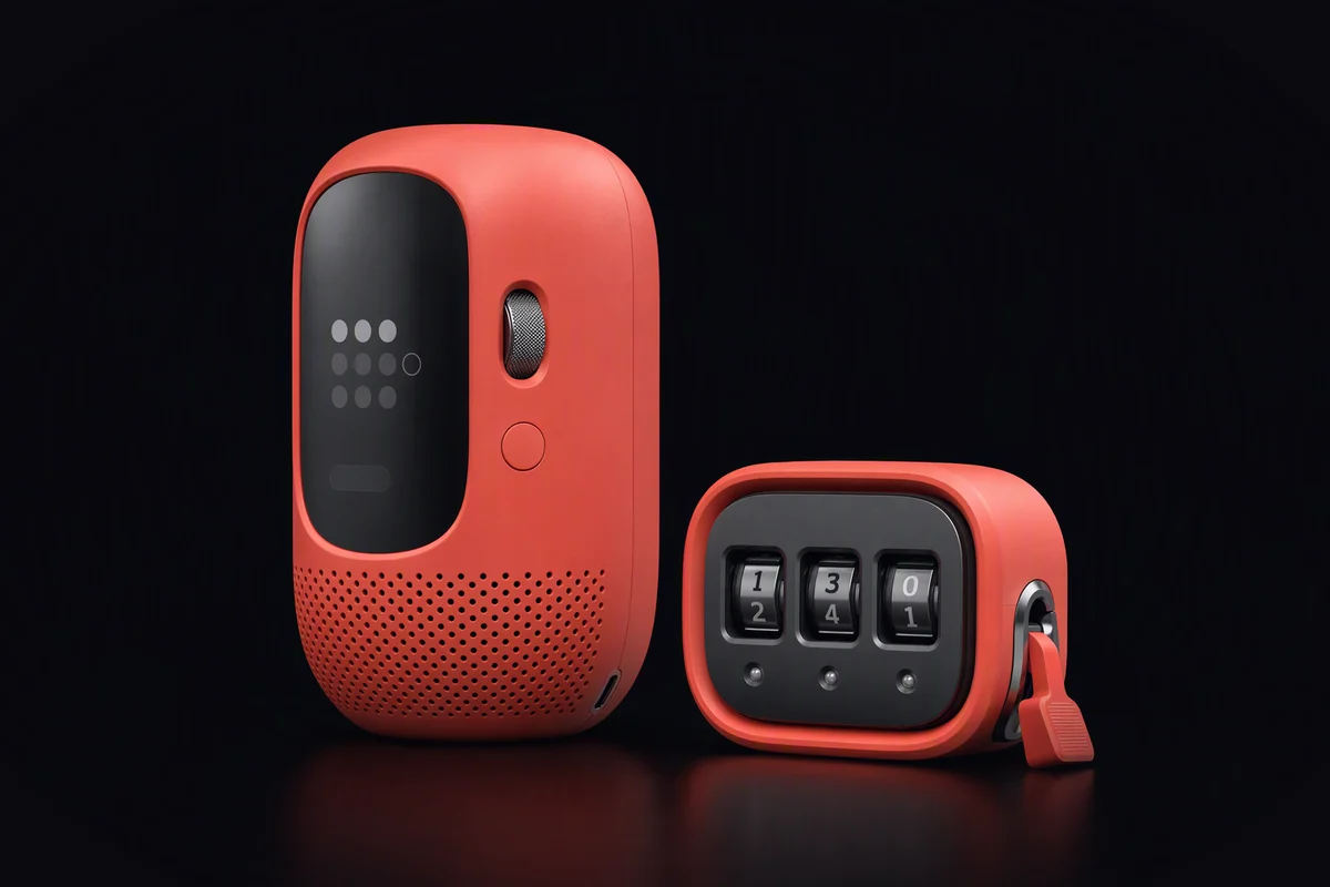A rounded compute cell beside a mechanical countdown meter with three small windows, one of them reading zero, and a red stop lever pulled down