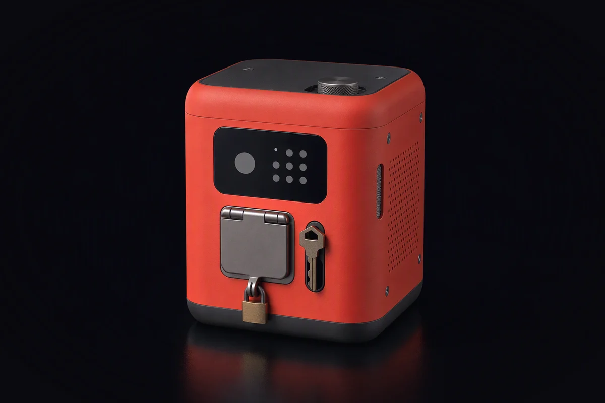 A sealed compute cell from the front, its network port capped and padlocked, a key cartridge in a separate slot
