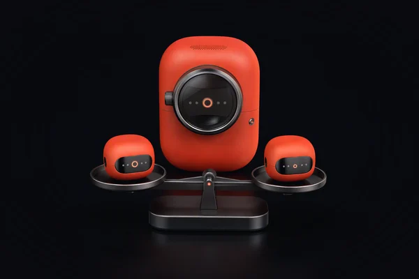 Two rounded compute cells facing each other across a small balance scale, a third cell with a magnifier lens standing behind it