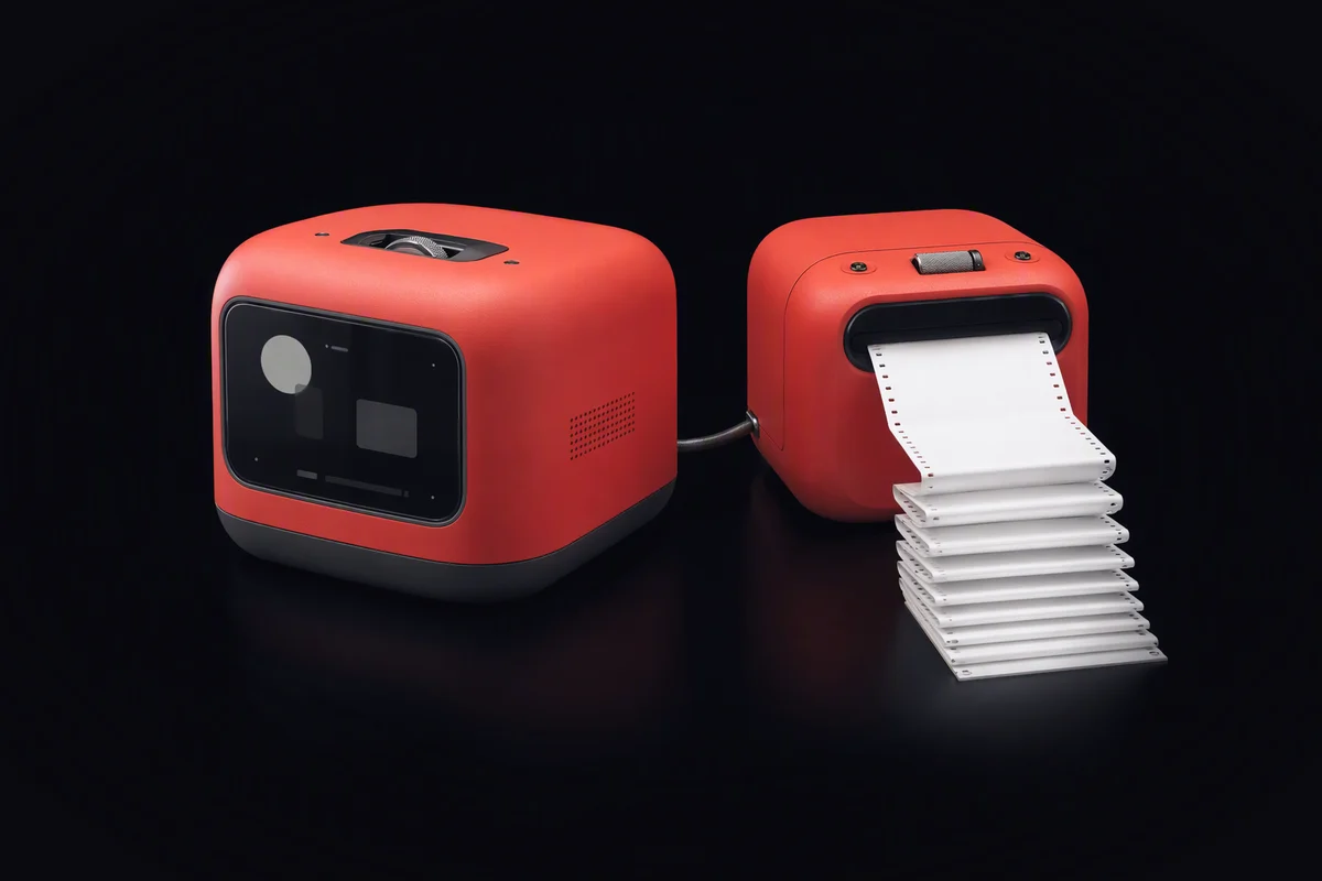 A compute cell cabled to a small printer feeding a long strip of folded paper into a neat stack